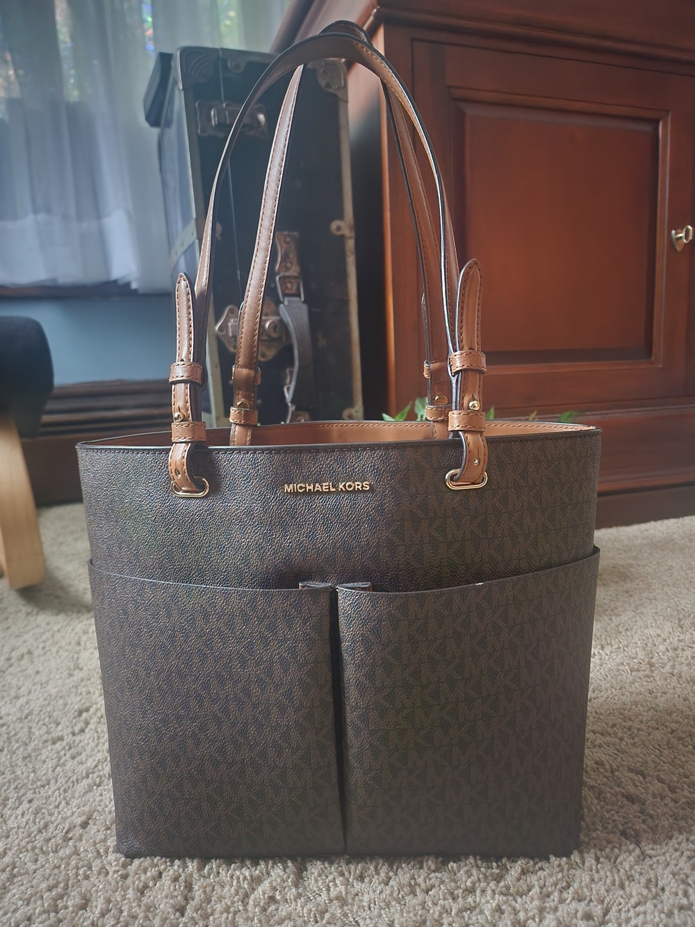 Michael Kors Brown and Tan MK Signature Structured Tote